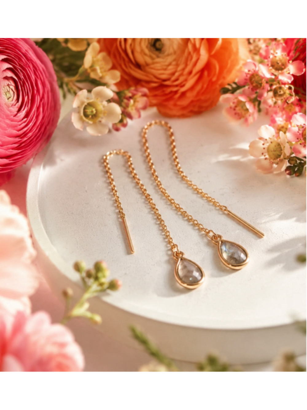 Gold Tone Chain Threader Iridescent Teardrop Dangle Earrings Minimalist Luxe